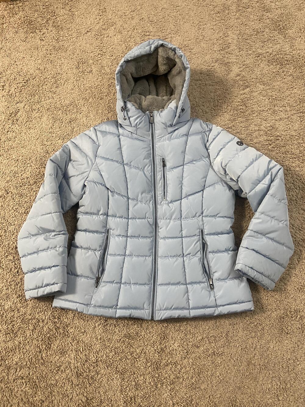 Calvin Klein Jacket Womens Large Blue Quilted Hooded Faux Fur Lined Puffer